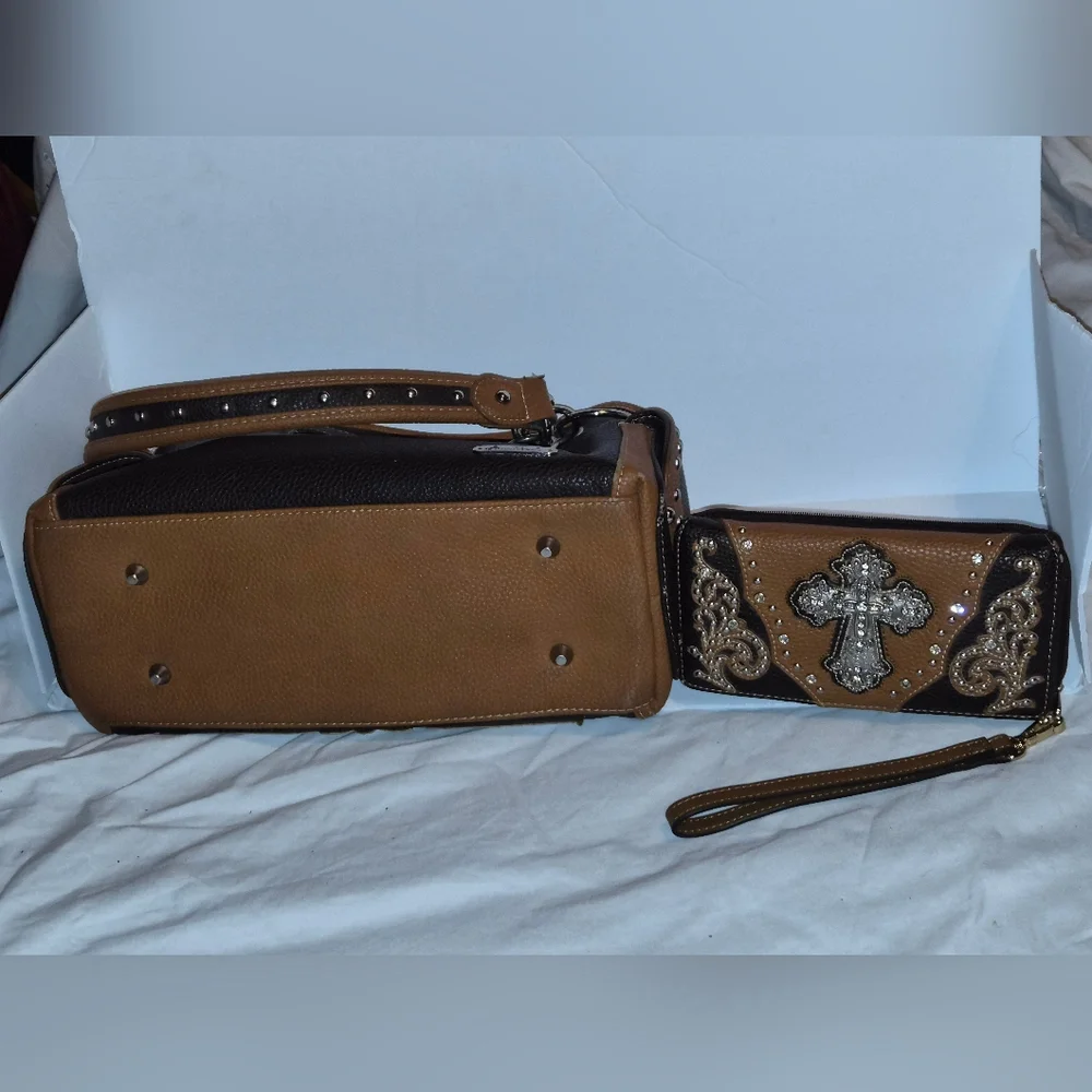 Montana West Brown and Black Cross Embellished Bag Set - Picture 3 of 7